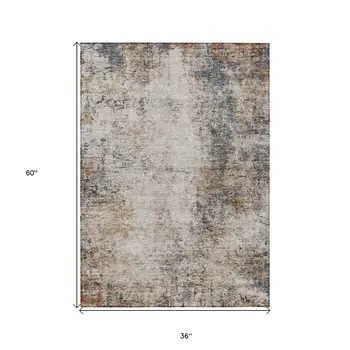 3' X 5' Ivory Blue And Copper Abstract Washable Indoor Outdoor Area Rug