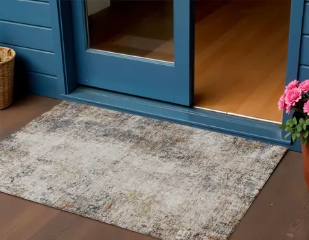 3' X 5' Ivory Blue And Copper Abstract Washable Indoor Outdoor Area Rug