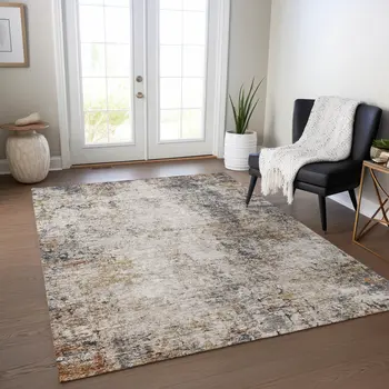 3' X 5' Ivory Blue And Copper Abstract Washable Indoor Outdoor Area Rug