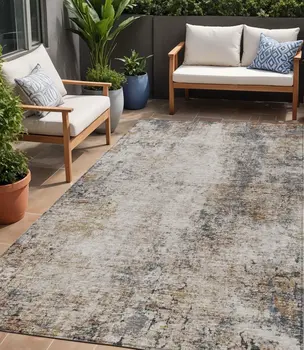 5' X 8' Ivory Blue And Copper Abstract Washable Indoor Outdoor Area Rug