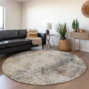 8' Ivory Blue And Copper Round Abstract Washable Indoor Outdoor Area Rug