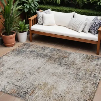 10' X 14' Ivory Blue And Copper Abstract Washable Indoor Outdoor Area Rug