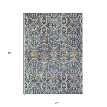 3' X 5' Denim Blue Beige And Brown Floral Washable Indoor Outdoor Area Rug