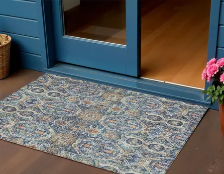 3' X 5' Denim Blue Beige And Brown Floral Washable Indoor Outdoor Area Rug