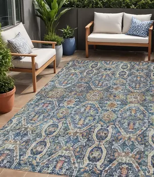 5' X 8' Denim Blue Beige And Brown Floral Washable Indoor Outdoor Area Rug