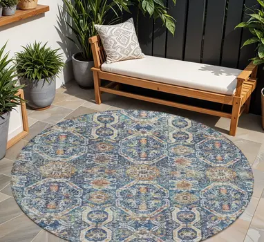 8' Denim Blue Beige And Brown Round Floral Washable Indoor Outdoor Area Rug