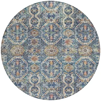 8' Denim Blue Beige And Brown Round Floral Washable Indoor Outdoor Area Rug