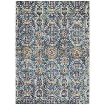 8' X 10' Denim Blue Beige And Brown Floral Washable Indoor Outdoor Area Rug