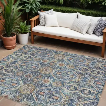 8' X 10' Denim Blue Beige And Brown Floral Washable Indoor Outdoor Area Rug
