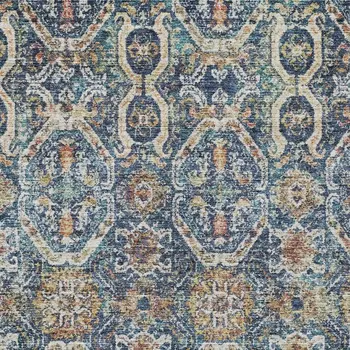 9' X 12' Denim Blue Beige And Brown Floral Washable Indoor Outdoor Area Rug