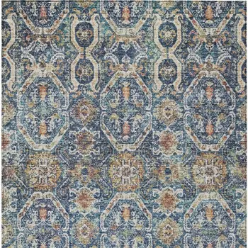 10' X 14' Denim Blue Beige And Brown Floral Washable Indoor Outdoor Area Rug