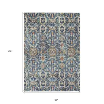 10' X 14' Denim Blue Beige And Brown Floral Washable Indoor Outdoor Area Rug