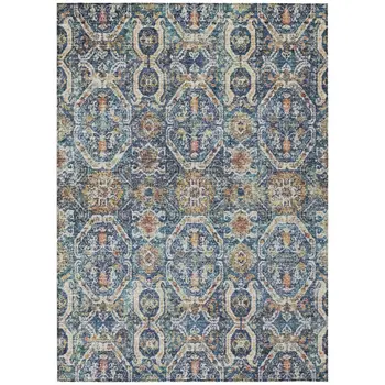10' X 14' Denim Blue Beige And Brown Floral Washable Indoor Outdoor Area Rug