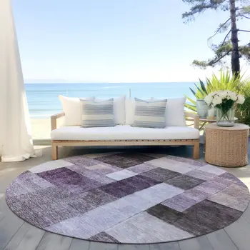 8' Eggplant Black And Lavender Round Geometric Washable Indoor Outdoor Area Rug