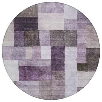 8' Eggplant Black And Lavender Round Geometric Washable Indoor Outdoor Area Rug