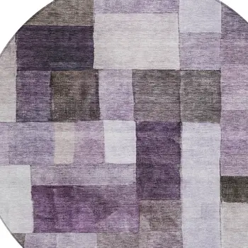 8' Eggplant Black And Lavender Round Geometric Washable Indoor Outdoor Area Rug
