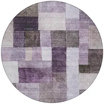 8' Eggplant Black And Lavender Round Geometric Washable Indoor Outdoor Area Rug