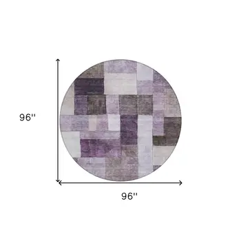 8' Eggplant Black And Lavender Round Geometric Washable Indoor Outdoor Area Rug