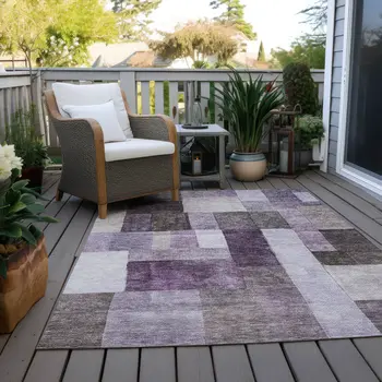 9' X 12' Eggplant Black And Lavender Geometric Washable Indoor Outdoor Area Rug