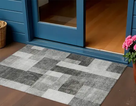 3' X 5' Pewter And Black Geometric Washable Indoor Outdoor Area Rug