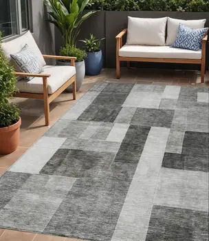 5' X 8' Pewter And Black Geometric Washable Indoor Outdoor Area Rug