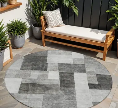 8' Pewter And Black Round Geometric Washable Indoor Outdoor Area Rug