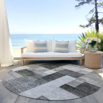 8' Pewter And Black Round Geometric Washable Indoor Outdoor Area Rug