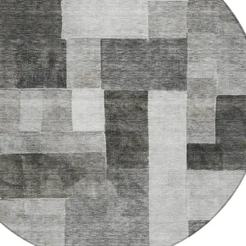 8' Pewter And Black Round Geometric Washable Indoor Outdoor Area Rug