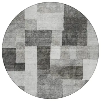 8' Pewter And Black Round Geometric Washable Indoor Outdoor Area Rug