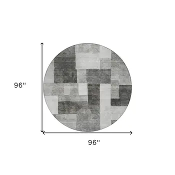 8' Pewter And Black Round Geometric Washable Indoor Outdoor Area Rug