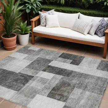 8' X 10' Pewter And Black Geometric Washable Indoor Outdoor Area Rug