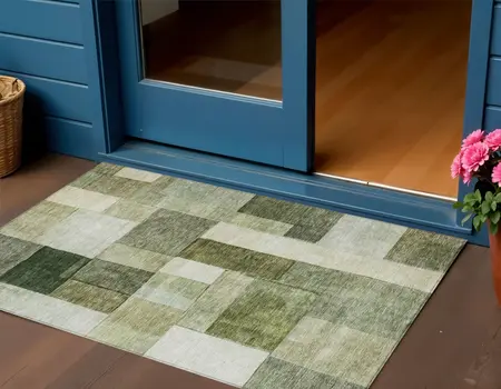 3' X 5' Sage And Fern Green Geometric Washable Indoor Outdoor Area Rug