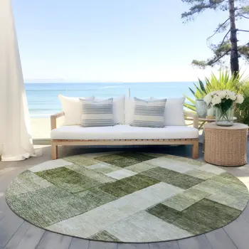 8' Sage And Fern Green Round Geometric Washable Indoor Outdoor Area Rug