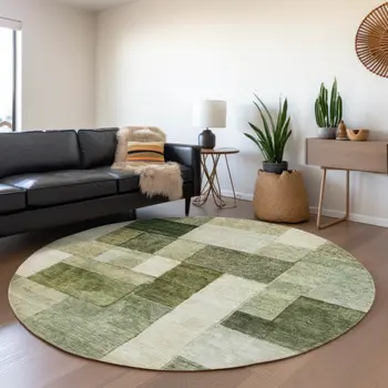 8' Sage And Fern Green Round Geometric Washable Indoor Outdoor Area Rug