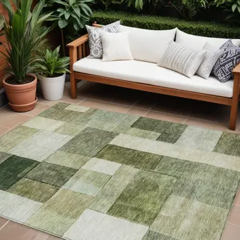 8' X 10' Sage And Fern Green Geometric Washable Indoor Outdoor Area Rug