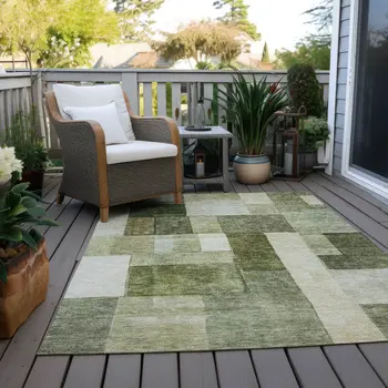 10' X 14' Sage And Fern Green Geometric Washable Indoor Outdoor Area Rug
