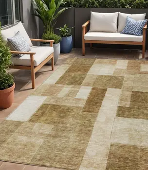 5' X 8' Terra Cotta Beige And Brown Geometric Washable Indoor Outdoor Area Rug