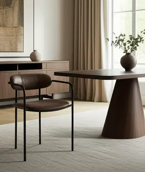 Brown and Black Faux Leather And Metal Open Back Dining Arm Chair