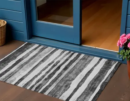 3' X 5' Charcoal And Gray Striped Washable Indoor Outdoor Area Rug