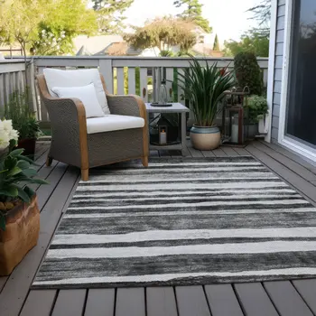 3' X 5' Charcoal And Gray Striped Washable Indoor Outdoor Area Rug