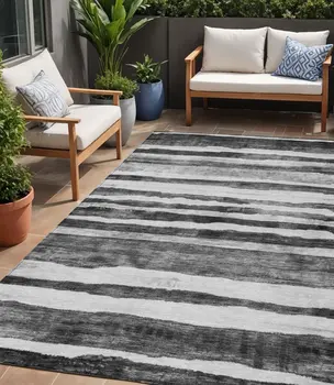 5' X 8' Charcoal And Gray Striped Washable Indoor Outdoor Area Rug