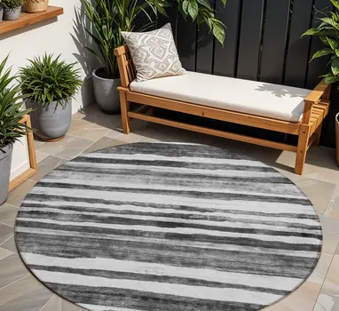 8' Charcoal And Gray Round Striped Washable Indoor Outdoor Area Rug