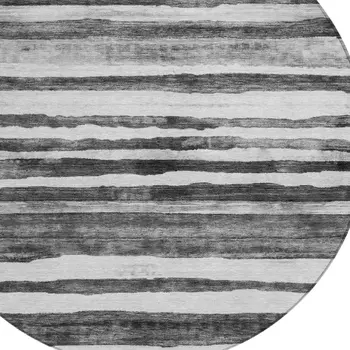 8' Charcoal And Gray Round Striped Washable Indoor Outdoor Area Rug