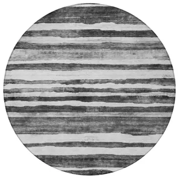 8' Charcoal And Gray Round Striped Washable Indoor Outdoor Area Rug
