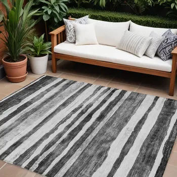 8' X 10' Charcoal And Gray Striped Washable Indoor Outdoor Area Rug