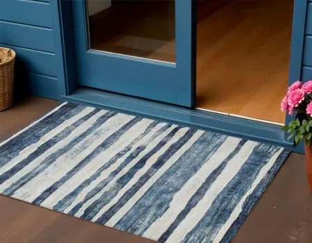 3' X 5' Denim Blue And Gray Striped Washable Indoor Outdoor Area Rug