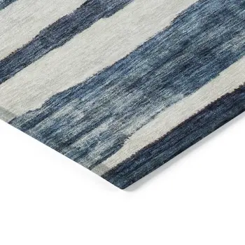 3' X 5' Denim Blue And Gray Striped Washable Indoor Outdoor Area Rug