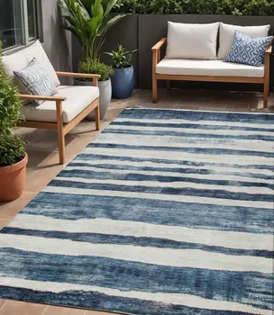 5' X 8' Denim Blue And Gray Striped Washable Indoor Outdoor Area Rug