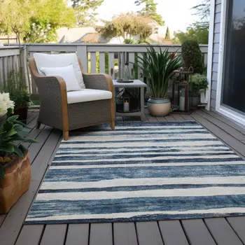 5' X 8' Denim Blue And Gray Striped Washable Indoor Outdoor Area Rug