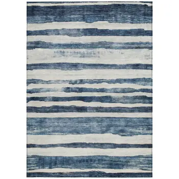 5' X 8' Denim Blue And Gray Striped Washable Indoor Outdoor Area Rug